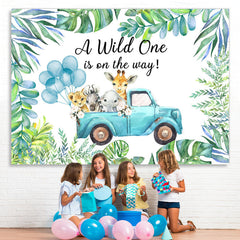 Lofaris Green Plant Blue Truck With Animals Birthday Backdrop
