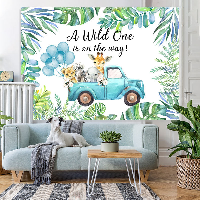 Lofaris Green Plant Blue Truck With Animals Birthday Backdrop
