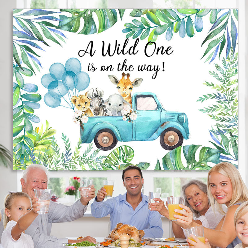 Lofaris Green Plant Blue Truck With Animals Birthday Backdrop