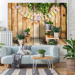Lofaris Green Plant With Cute Rabbit Wooden Easter Backdrop