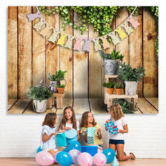 Lofaris Green Plant With Cute Rabbit Wooden Easter Backdrop