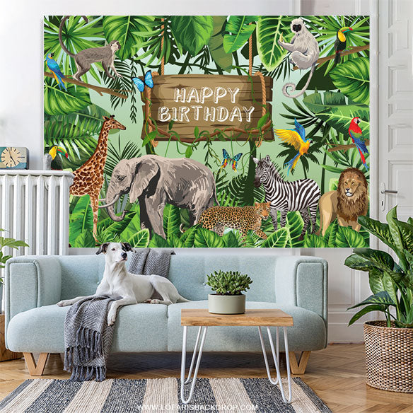 Lofaris Green Safari Animals Plants Happy Birthday Backdrop
