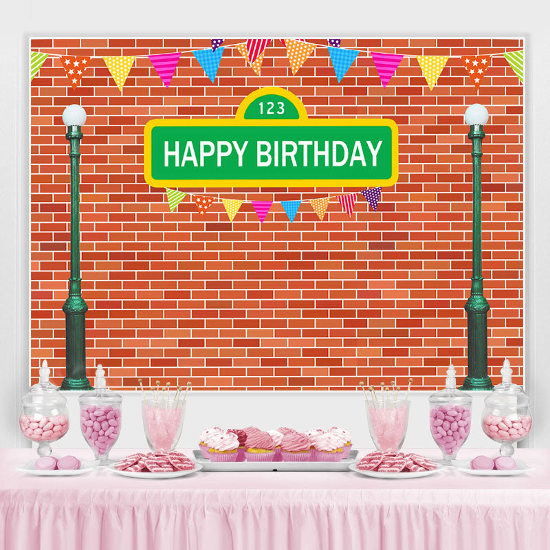 Lofaris Green Street Lamp And Red Brick Happy Birthday Backdrop