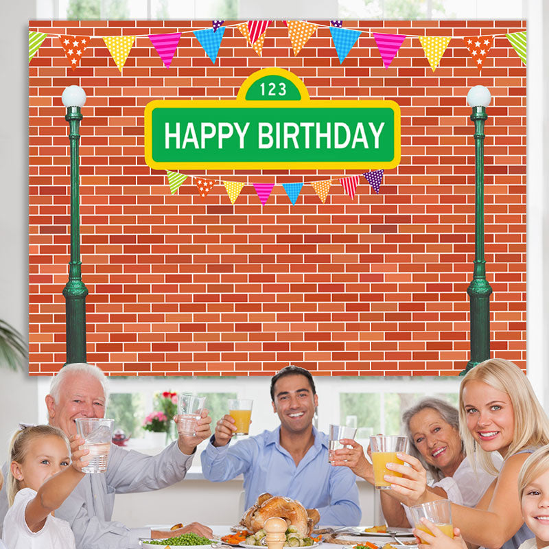 Lofaris Green Street Lamp And Red Brick Happy Birthday Backdrop