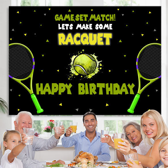 Lofaris Green Tennis Racquet Black Happy Birthday Backdrop
