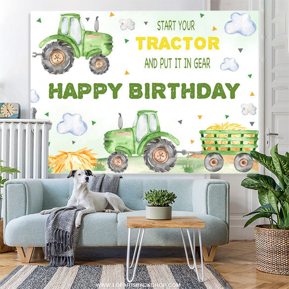 Lofaris Green Tractor Cloud Birthday Party Backdrop For Boy