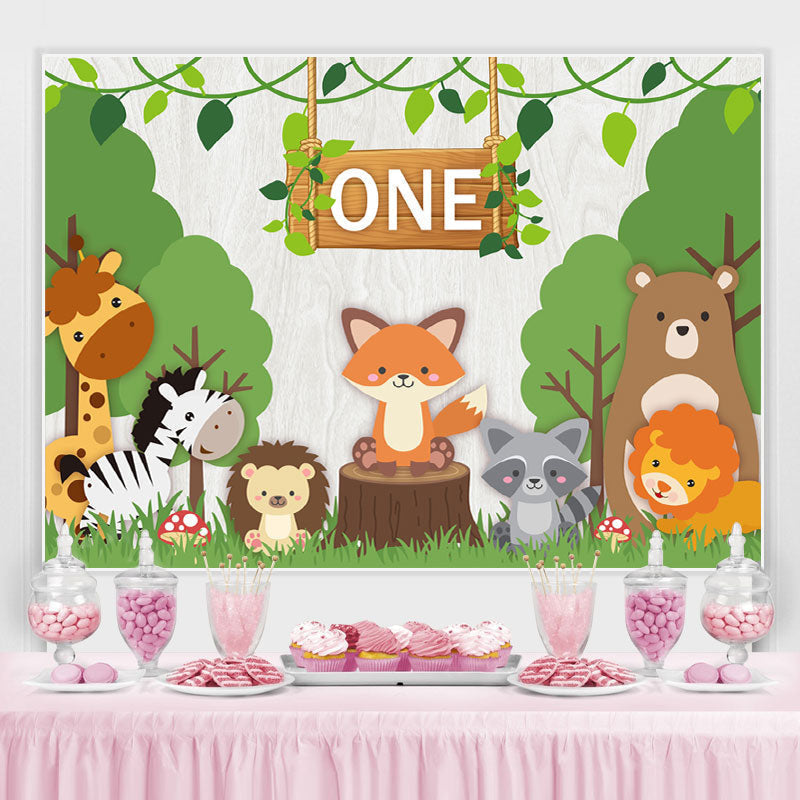Lofaris Green Trees And Animal One Birthday Backdrop For Boy
