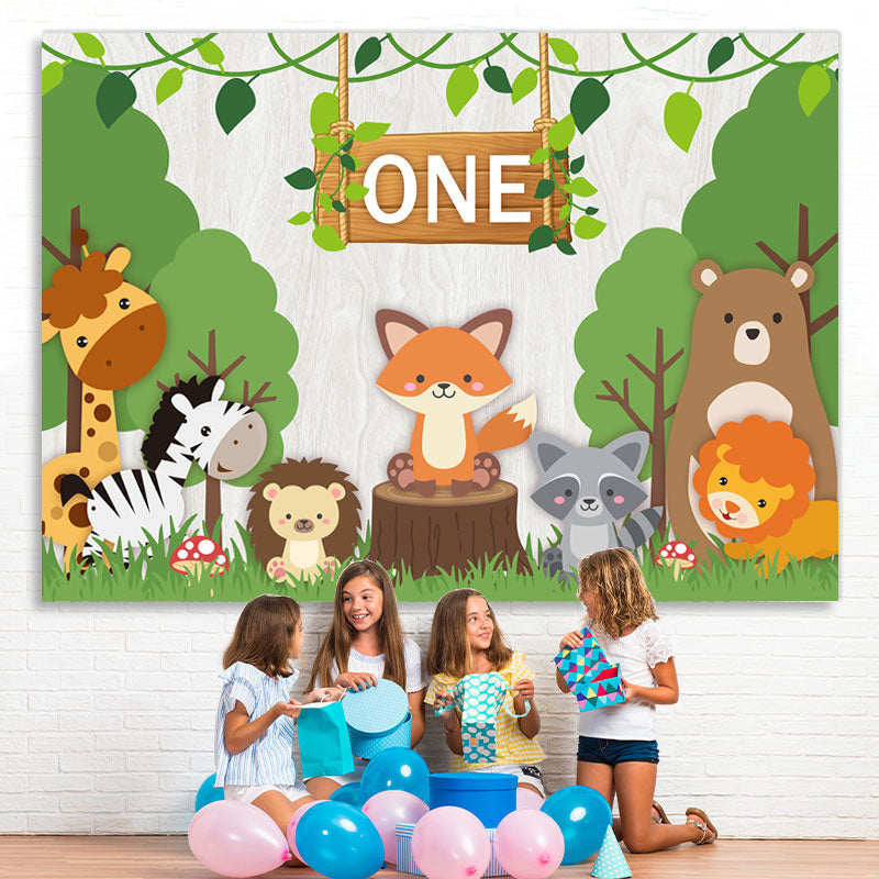 Lofaris Green Trees And Animal One Birthday Backdrop For Boy