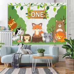 Lofaris Green Trees And Animal One Birthday Backdrop For Boy