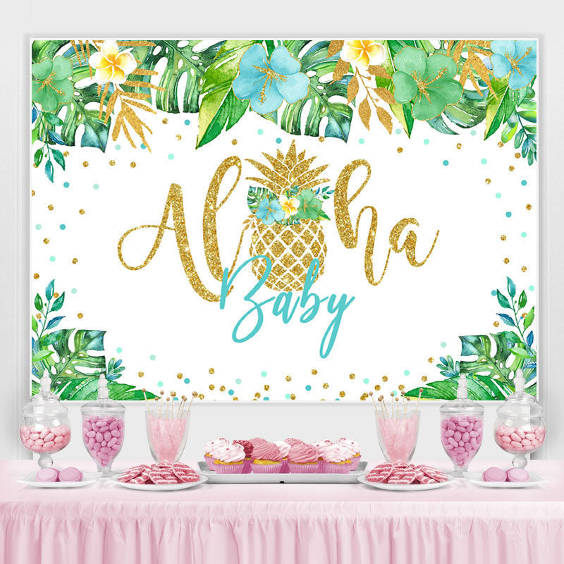Lofaris Green Tropical Plant Golden Aloha Baby Shower Backdrop