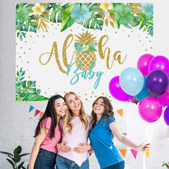 Lofaris Green Tropical Plant Golden Aloha Baby Shower Backdrop