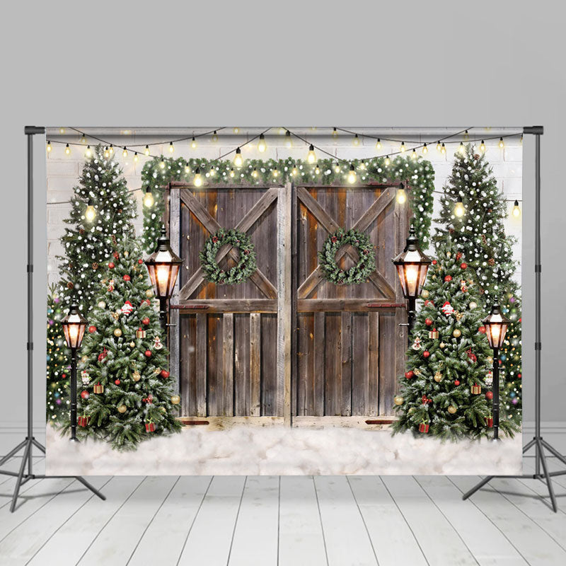 Lofaris Green Wreath Tree Stripe Wooden Winter Party Backdrop