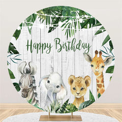 Lofaris Greeny Leaves And Animals Round Happy Birthday Backdrop