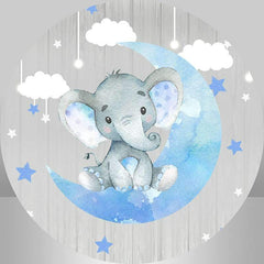 Lofaris Grey Wood And Blue Moon Elephant Baby Shower Round Backdrop