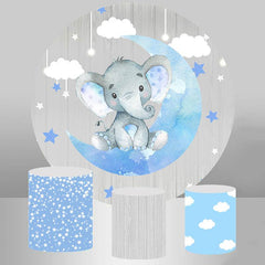 Lofaris Grey Wood And Blue Moon Elephant Baby Shower Round Backdrop