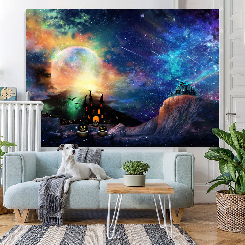 Lofaris Halloween Misty Night Scary Castle Bat Full Moon Pumpkin Backdrop