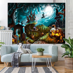 Lofaris Halloween Scary Night Castle Pumpkins Witch Cemetery Backdrop