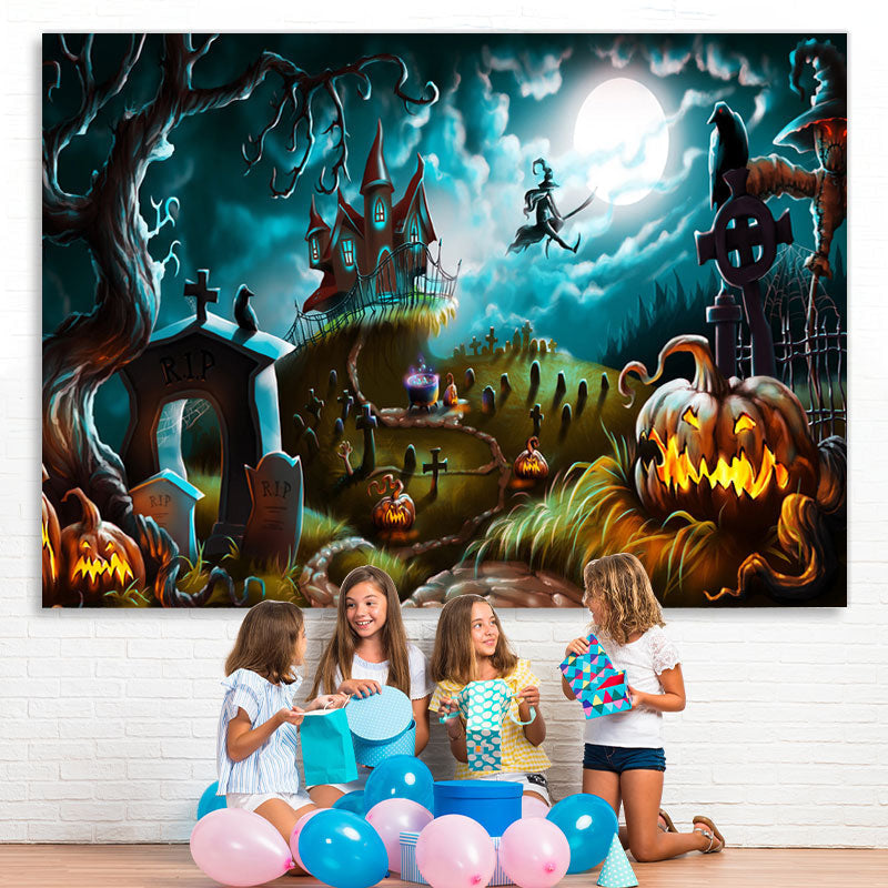 Lofaris Halloween Scary Night Castle Pumpkins Witch Cemetery Backdrop
