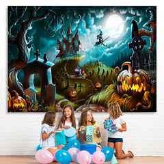 Lofaris Halloween Scary Night Castle Pumpkins Witch Cemetery Backdrop