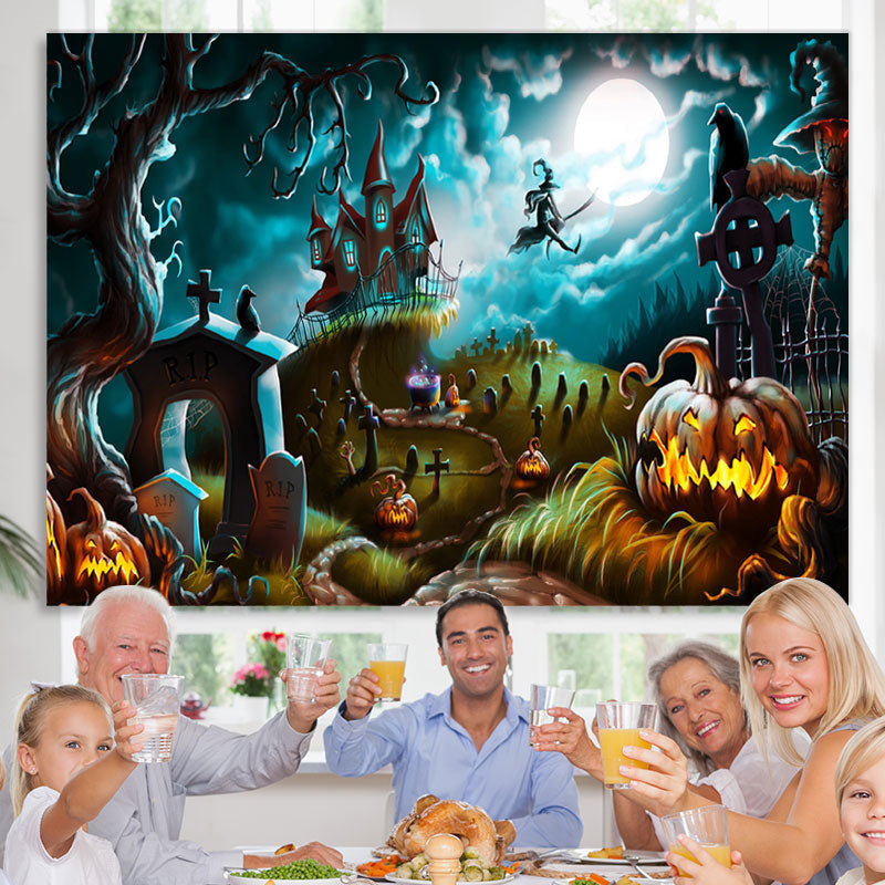Lofaris Halloween Scary Night Castle Pumpkins Witch Cemetery Backdrop