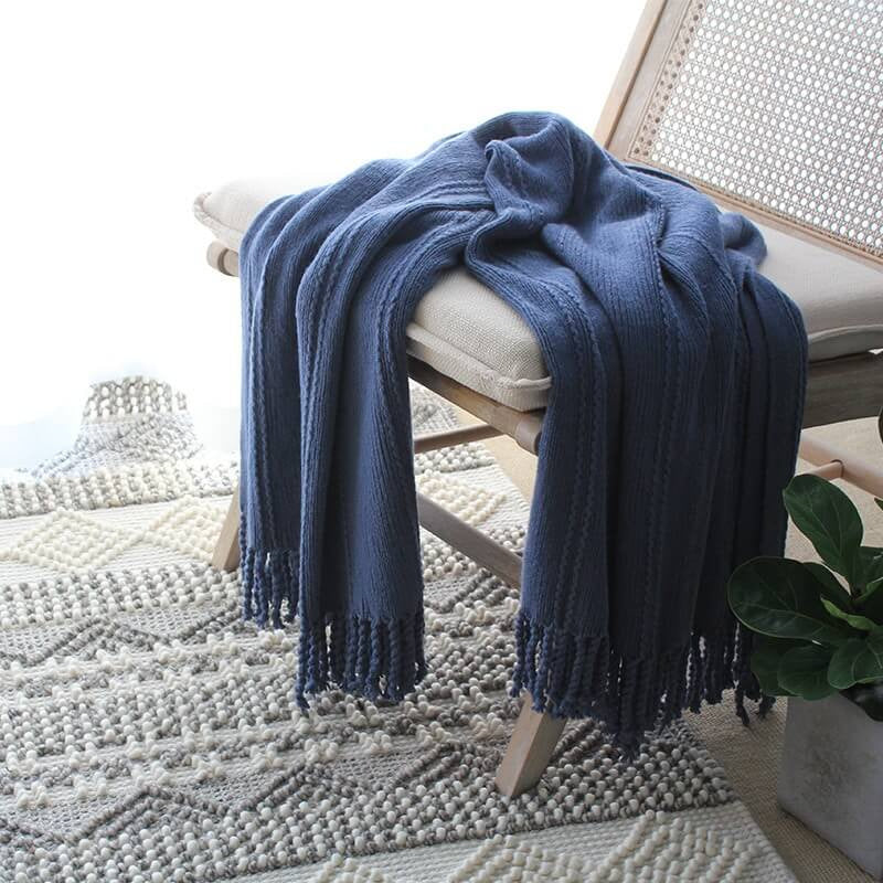 Lofaris Hand Knitted Tassel Blanket Pure Color Soft Throw