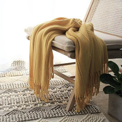 Lofaris Hand Knitted Tassel Blanket Pure Color Soft Throw