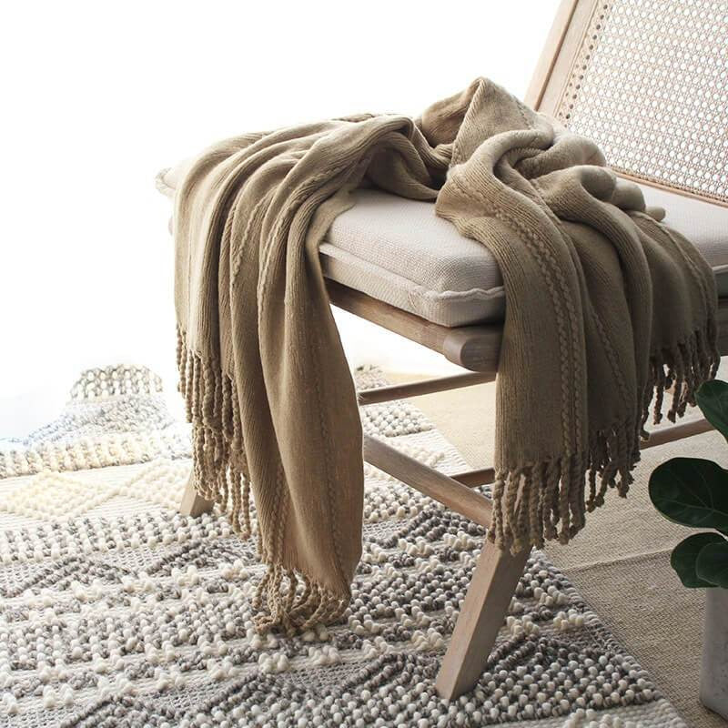 Lofaris Hand Knitted Tassel Blanket Pure Color Soft Throw