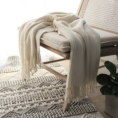 Lofaris Hand Knitted Tassel Blanket Pure Color Soft Throw