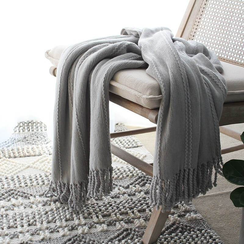 Lofaris Hand Knitted Tassel Blanket Pure Color Soft Throw