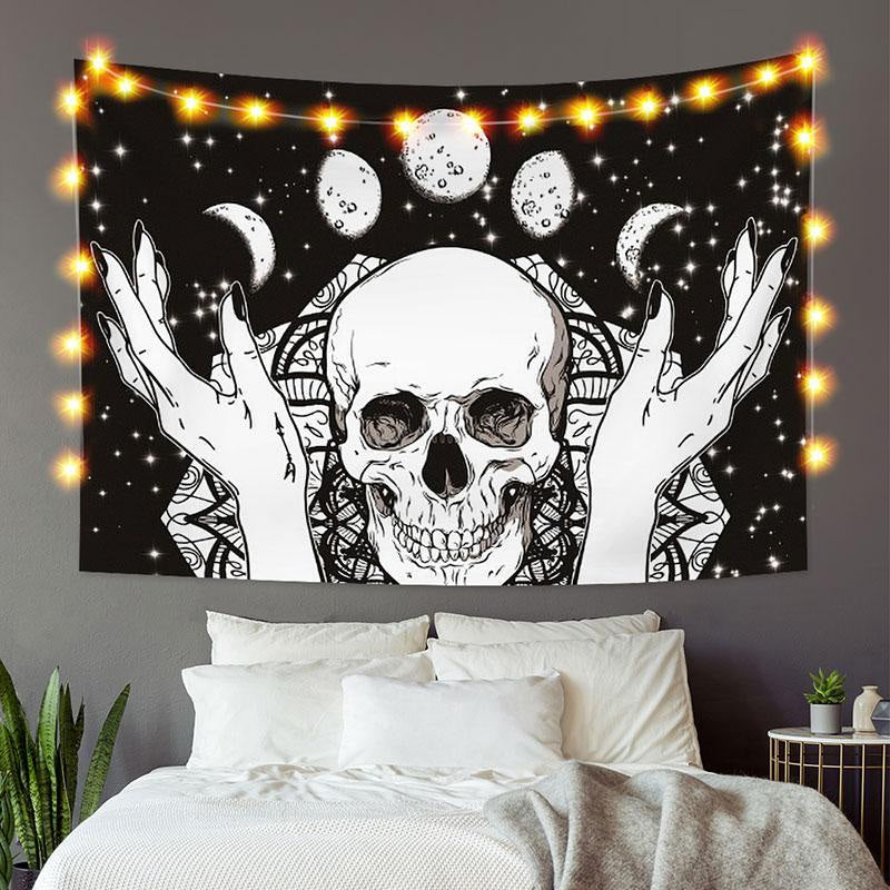 Lofaris Hands Skull Black And White Moon Divination Custom Tapestry