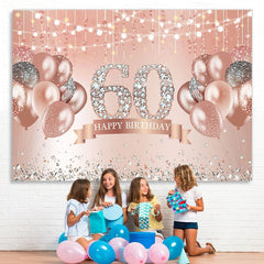 Lofaris Happy 60th Birthday Pink Balloon Diamonds Giltter Backdrop