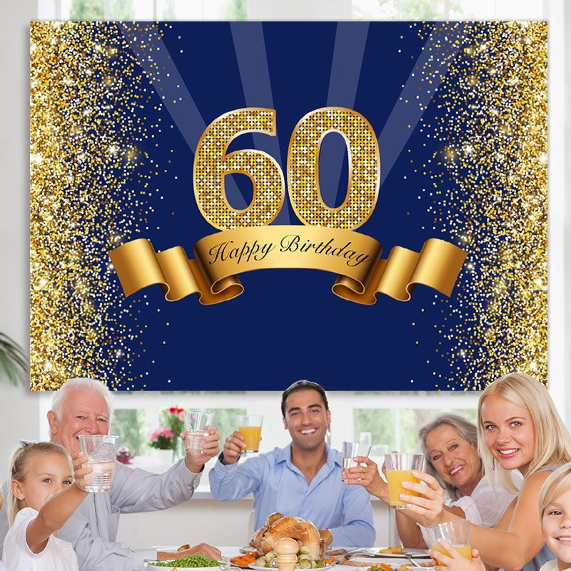 Lofaris Happy 60th Birthday Royal Blue Gold Glitter Backdrop for Photos