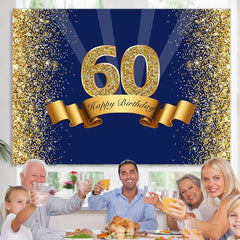 Lofaris Happy 60th Birthday Royal Blue Gold Glitter Backdrop for Photos