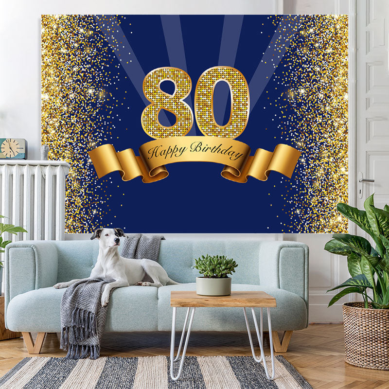 Lofaris Happy 80th Birthday Gold Glitter Royal Blue Backdrop for Party