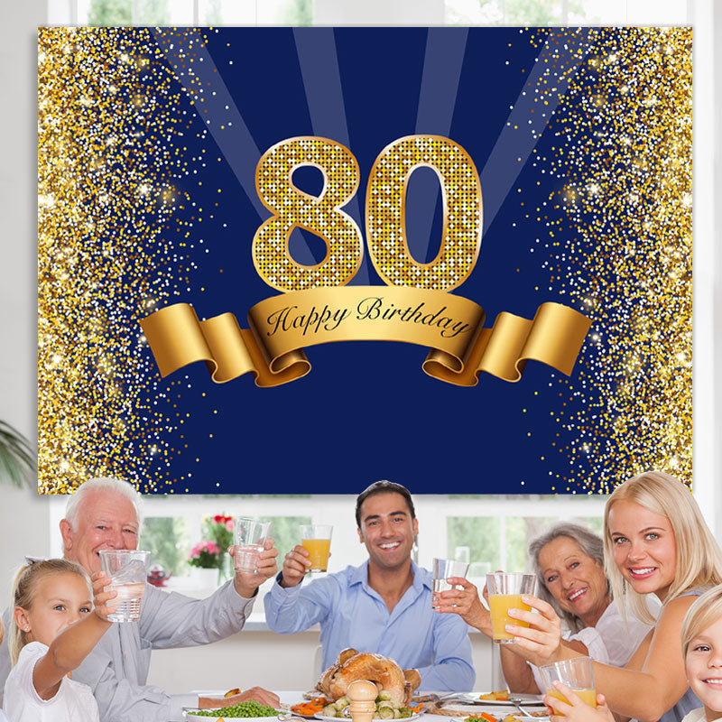 Lofaris Happy 80th Birthday Gold Glitter Royal Blue Backdrop for Party
