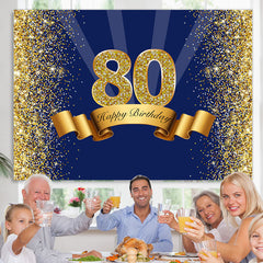 Lofaris Happy 80th Birthday Gold Glitter Royal Blue Backdrop for Party