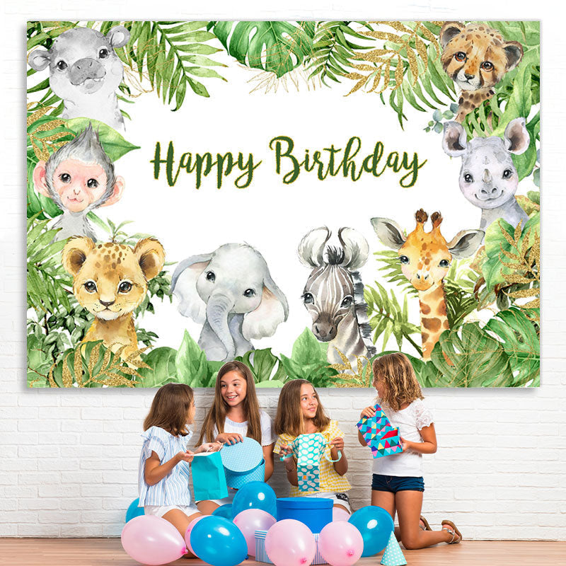 Lofaris Happy Birthday Animals Jungle Green Leaves Party Backdrop