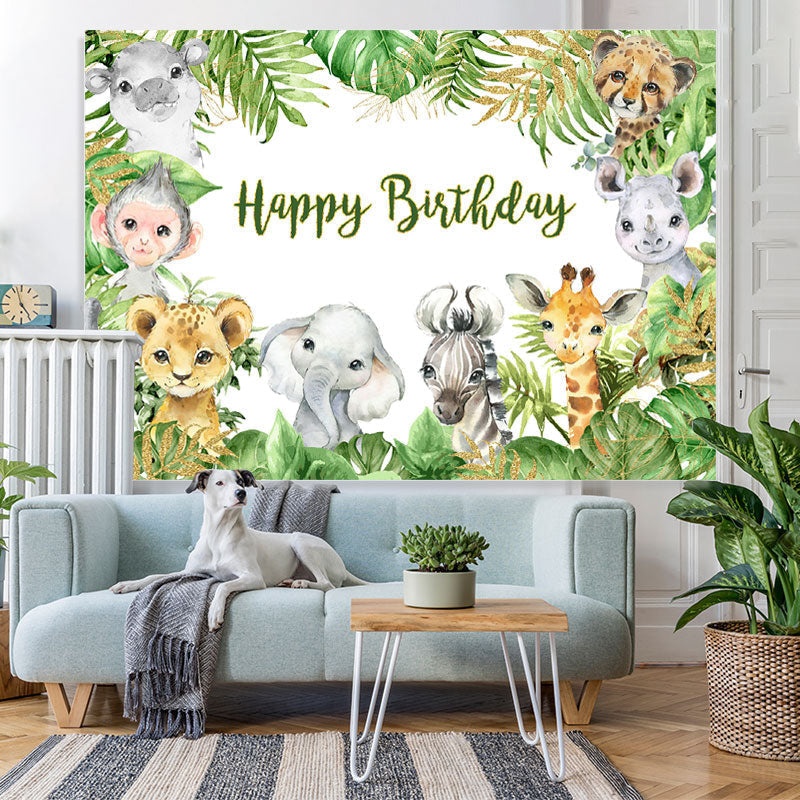 Lofaris Happy Birthday Animals Jungle Green Leaves Party Backdrop