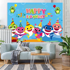Lofaris Happy Birthday Blue Ocean Themed Cartoon Shark Backdrop