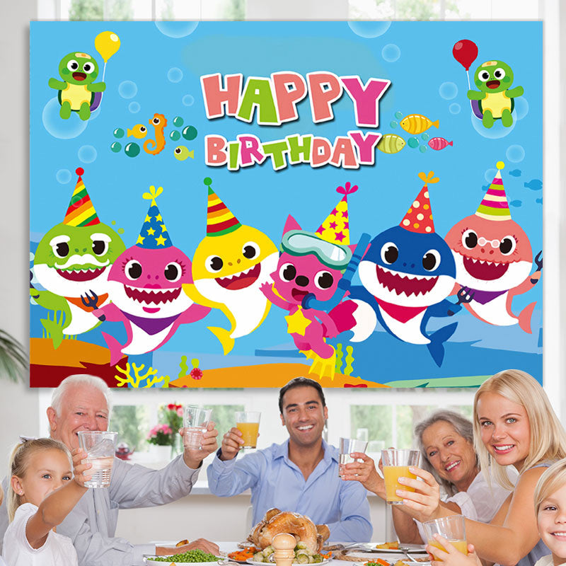 Lofaris Happy Birthday Blue Ocean Themed Cartoon Shark Backdrop