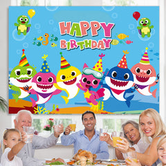 Lofaris Happy Birthday Blue Ocean Themed Cartoon Shark Backdrop