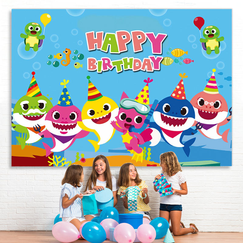 Lofaris Happy Birthday Blue Ocean Themed Cartoon Shark Backdrop