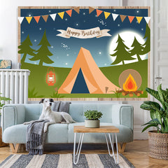 Lofaris Happy Birthday Camping Night Forest Cartoon Party Backdrop