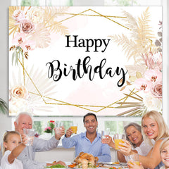 Lofaris Happy Birthday Floral Gold Leaves Geometry Backdrop for Party