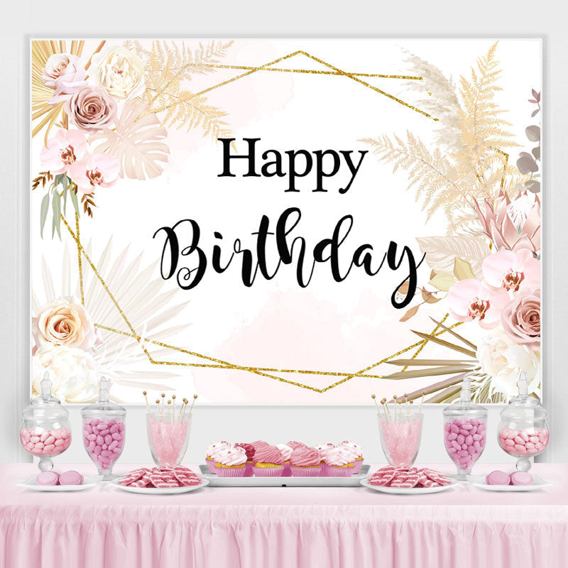 Lofaris Happy Birthday Floral Gold Leaves Geometry Backdrop for Party