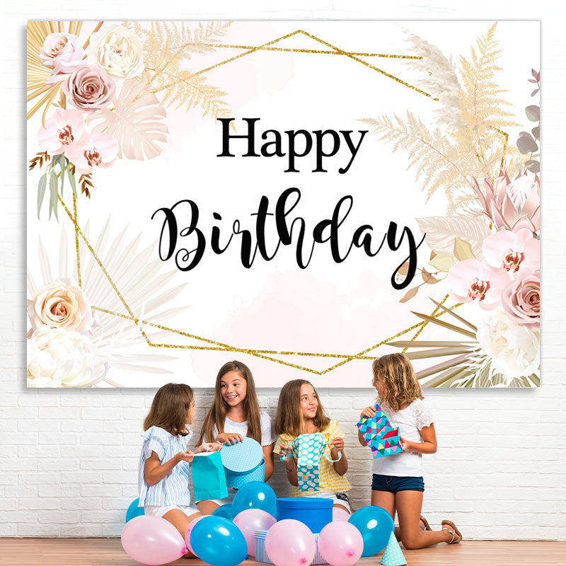 Lofaris Happy Birthday Floral Gold Leaves Geometry Backdrop for Party