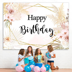 Lofaris Happy Birthday Floral Gold Leaves Geometry Backdrop for Party