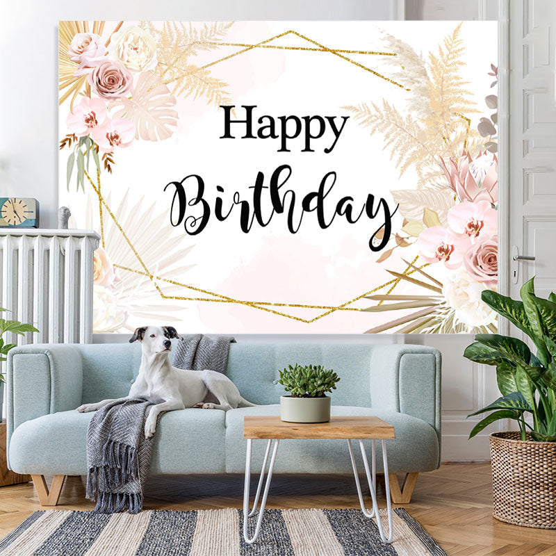 Lofaris Happy Birthday Floral Gold Leaves Geometry Backdrop for Party