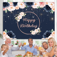 Lofaris Happy Birthday Floral Lights Glitter Royal Blue Backdrop for Party