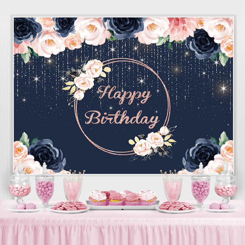 Lofaris Happy Birthday Floral Lights Glitter Royal Blue Backdrop for Party